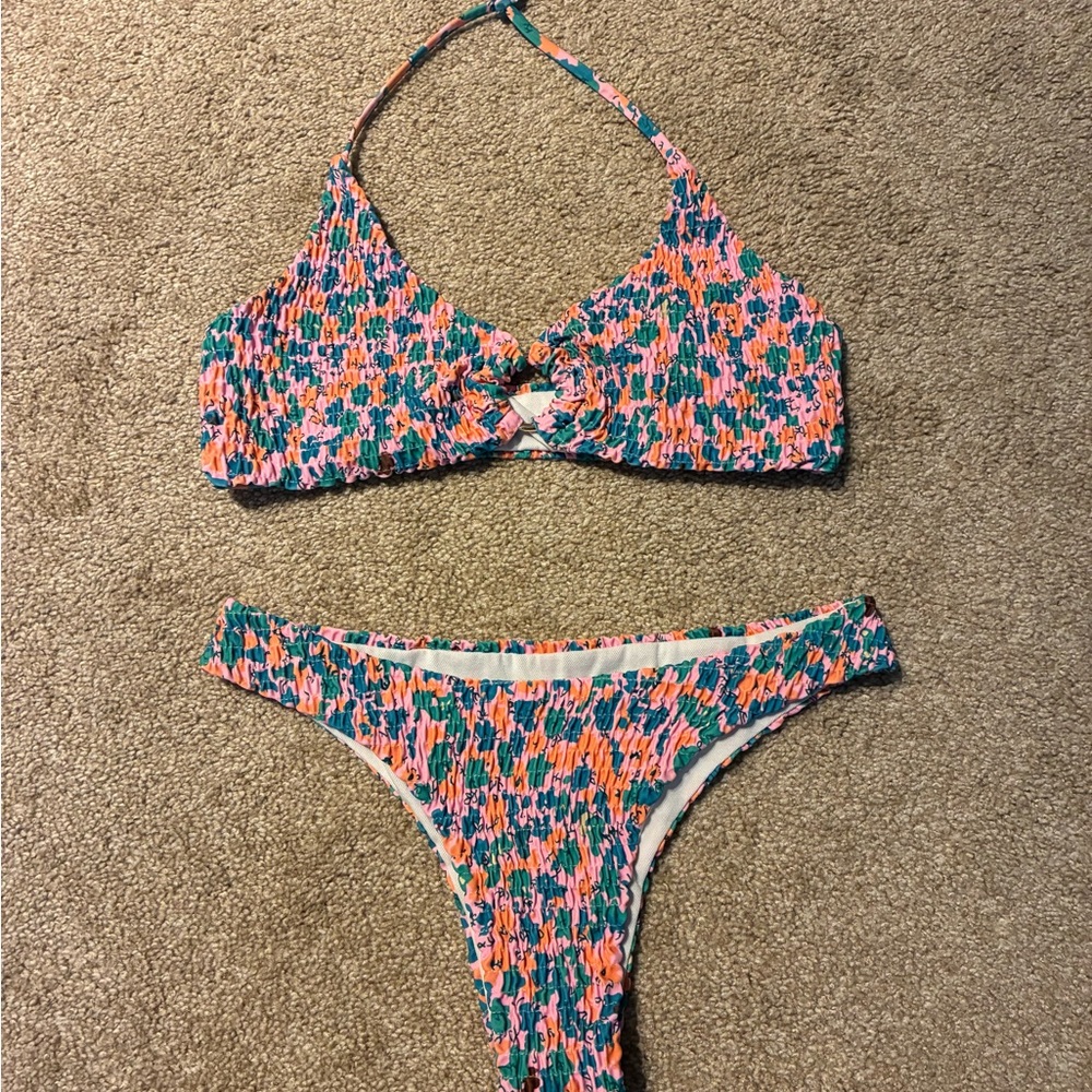 Smocked Two-Piece Bikini Set in Pink, Orange & Teal